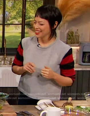 Pilar Valdes’s gray hoodie with striped sleeves on The Drew Barrymore Show