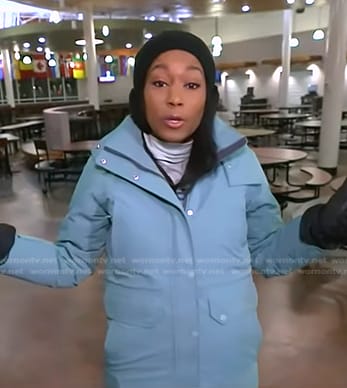 Rachel’s light blue long down coat on Good Morning America