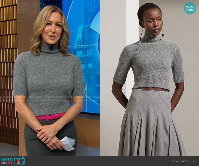 Ralph Lauren Collection Short-Sleeve Turtleneck Crop Wool Sweater in Dark Silver Melange worn by Lara Spencer on Good Morning America