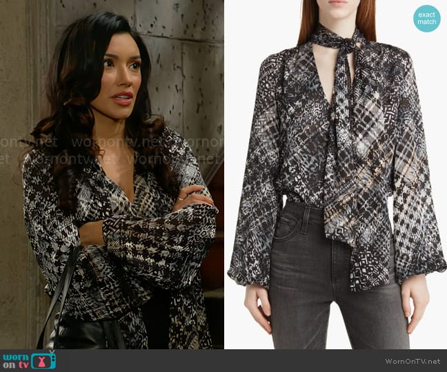 Ramy Brook Aliyah Blouse in Houndstooth Burnout worn by Audra Charles (Zuleyka Silver) on The Young and the Restless