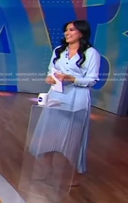 Reena’s blue pleated midi dress on Good Morning America
