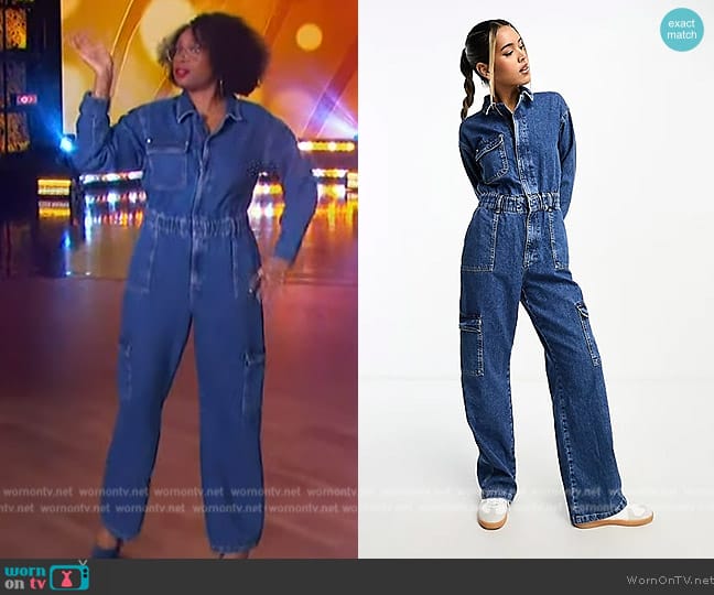 River Island Long sleeve cargo boilersuit in dark denim worn by Jennifer Hudson on The Jennifer Hudson Show