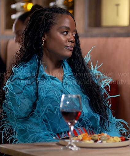 Sabrina’s blue feather top on Tyler Perrys Sistas