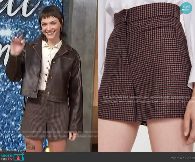 Sandro Houndstooth shorts worn by Violett Beane on Access Hollywood