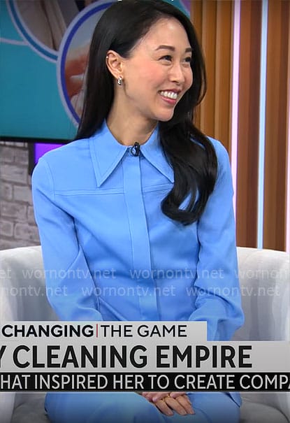Sarah Paiji Yoo’s blue shirt and skirt on CBS Mornings
