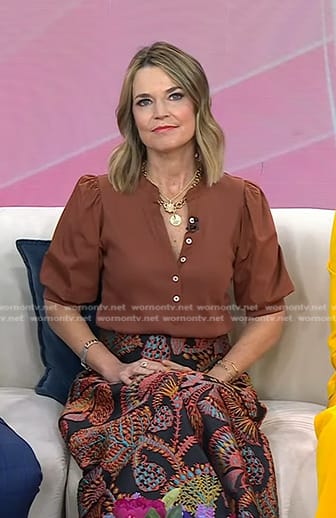 Savannah’s brown puff sleeve top and floral jacquard skirt on Today
