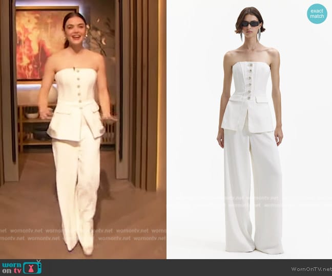 Self Portrait White Bandeau Crepe Jumpsuit worn by Lucy Hale on The Drew Barrymore Show