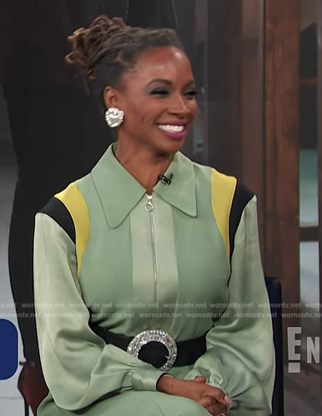Shanola’s green stripe trim dress on Access Hollywood