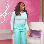 Sherri’s light blue leather utility pants on Sherri