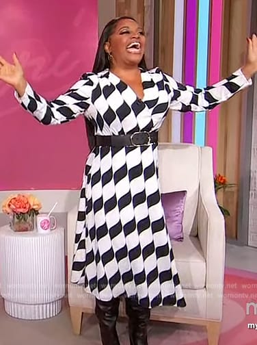 Sherri’s geometric print wrap dress on Sherri