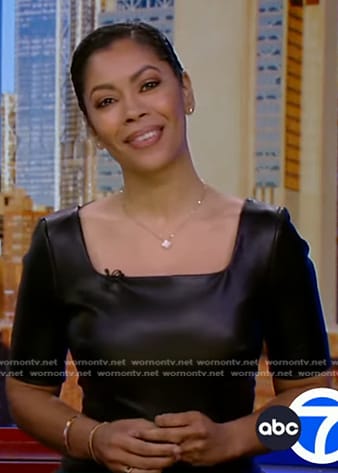 Shirleen Allicot’s black square neck leather dress on Good Morning America