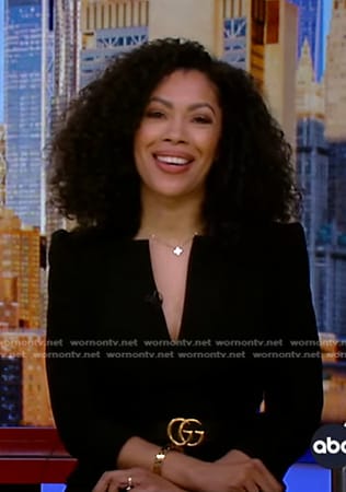 Shirleen’s black v-neck dress with belt on Good Morning America