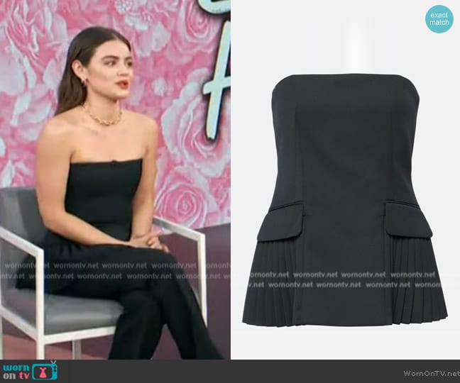 Simkhai Vita off-shoulder wool-blend bustier top worn by Lucy Hale on Access Hollywood