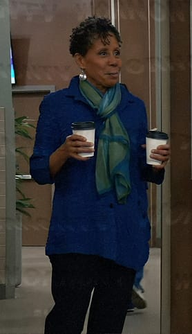 Stella’s blue textured button down top on General Hospital