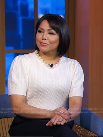 Stephanie’s white pearl embellished sweater on Good Morning America