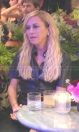 Sutton’s black short sleeve leather shirtdress on The Real Housewives of Beverly Hills