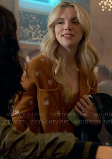 Sylvie’s brown floral embroidered cardigan on Chicago Fire