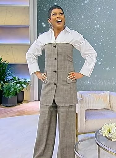 Tamron’s gray plaid off shoulder mini dress on Tamron Hall Show