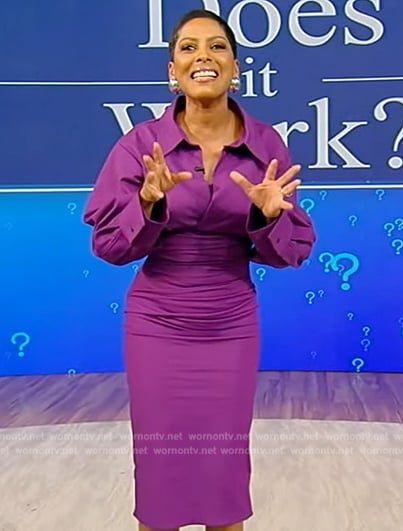 Tamron’s purple gathered midi dress on Tamron Hall Show