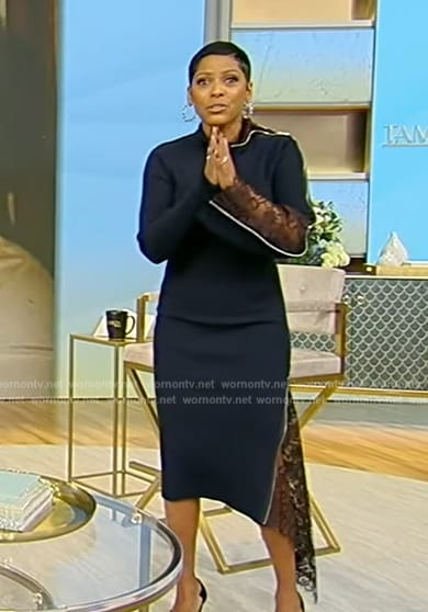 Tamron’s black lace inset asymmetric dress on Tamron Hall Show