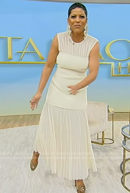 Tamron’s white layered midi dress on Tamron Hall Show