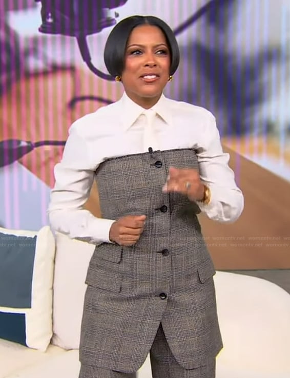 Tamron’s gray plaid off shoulder mini dress on Tamron Hall Show