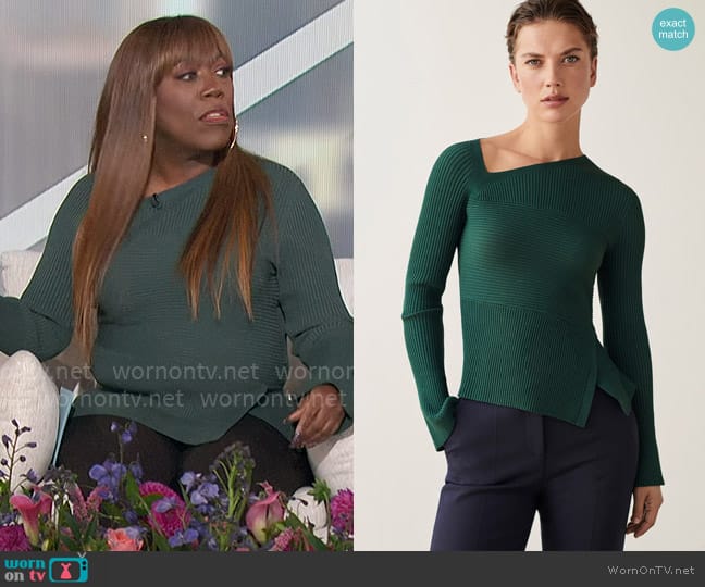 The Fold London Ginova Top Dark Green Sculpt Knit worn by Sheryl Underwood on The Talk