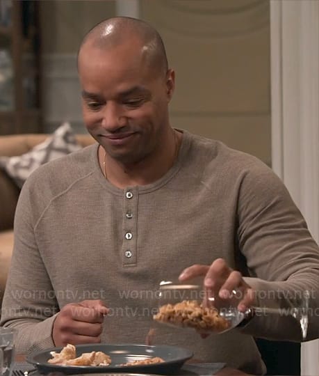 Trey’s taupe henley shirt on Extended Family