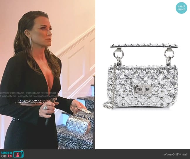 Valentino Garavani Glitter Mini Rockstud Spike Shoulder Bag worn by Kyle Richards on The Real Housewives of Beverly Hills
