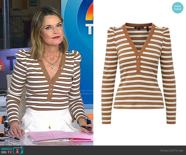 Veronica Beard Delkab Striped Puff-Sleeve Top in Camel Multi worn by Savannah Guthrie on Today