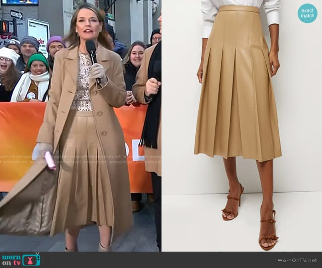 Veronica Beard Herson Pleated Vegan Leather Midi Skirt worn by Savannah Guthrie on Today