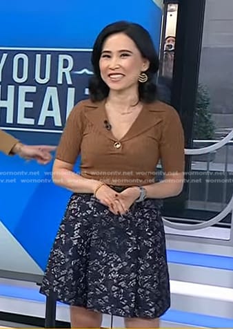 Vicky’s brown ribbed top and brocade skirt on Today
