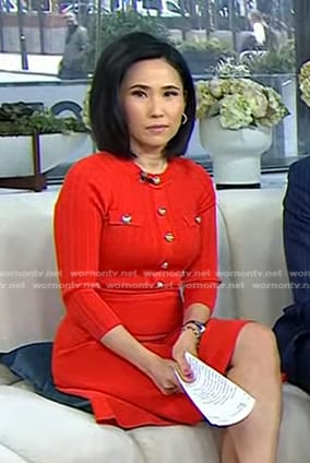 Vicky’s red knit dress with gold buttons on Today