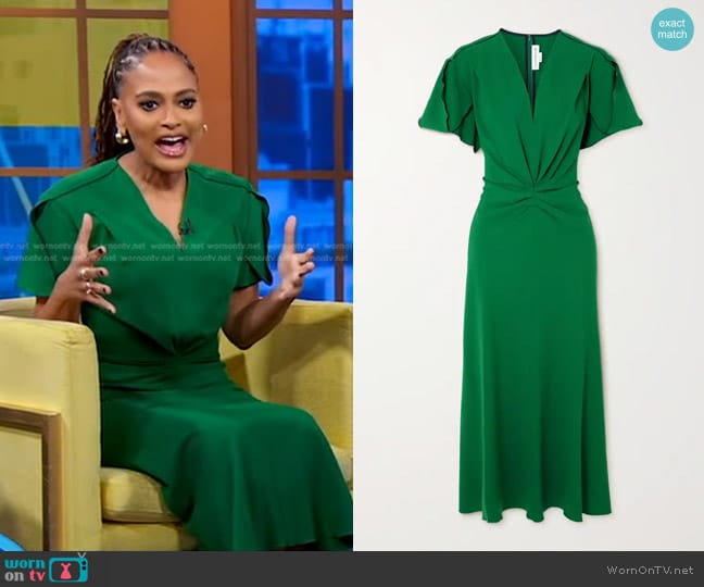 Victoria Beckham Gathered V-Neck Midi Dress in Viridian worn by Ava DuVernay on Good Morning America