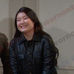 Wendy’s black jacket and light blue satin mini dress on Days of our Lives