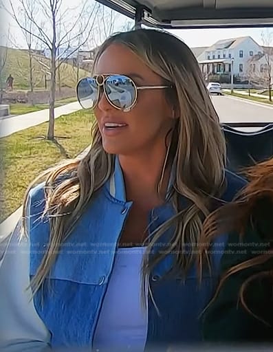 Whitney’s blue colorblock bomber jacket on The Real Housewives of Salt Lake City