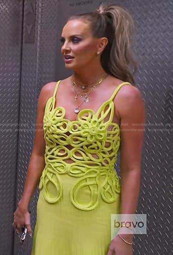 Whitney’s yellow crochet pleated dress on The Real Housewives of Salt Lake City