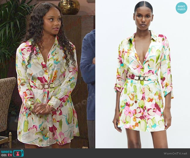 Zara Floral Print Shirt Dress worn by Chanel Dupree (Raven Bowens) on Days of our Lives
