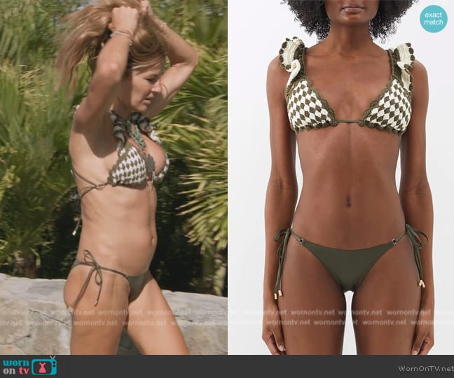 Zimmermann Devi checked crochet-knitted bikini top worn by Kelly Killoren Bensimon on The Real Housewives Ultimate Girls Trip