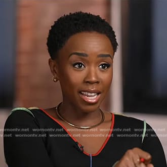 Zinhle’s black dress with multicolor piping on NBC News Daily