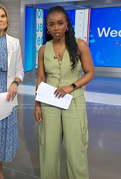 Zinhle’s pistachio green vest and cargo pants on NBC News Daily
