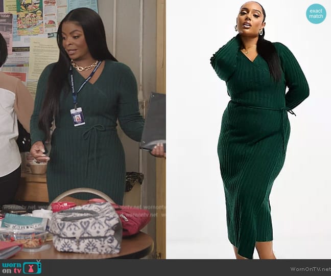 ASOS Curve knitted midi dress with wrap front in dark green worn by Ava Coleman (Janelle James) on Abbott Elementary