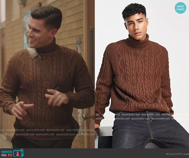 ASOS Cable knit roll neck sweater in brown worn by (Josh Segarra) on Abbott Elementary