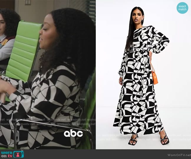 ASOS Smock maxi dress in belt in mono geo splice print worn by Janine Teagues (Quinta Brunson) on Abbott Elementary