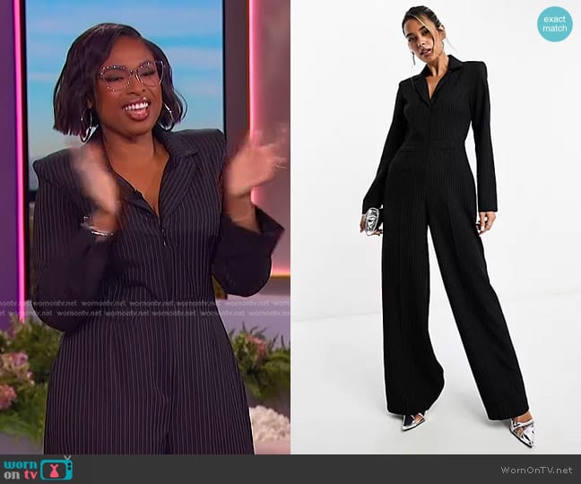 Asos Tailored Oversized Tux Jumpsuit in black pinstripe worn by Jennifer Hudson on The Jennifer Hudson Show