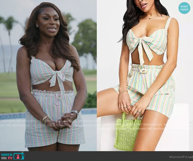 ASOS Influence Beach Crop Top and Shorts worn by Nneka Ihim on The Real Housewives of Potomac
