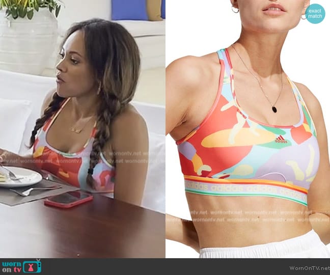 Adidas x Farm Rio Geometric Print AEROREADY Sports Bra worn by Ashley Darby on The Real Housewives of Potomac