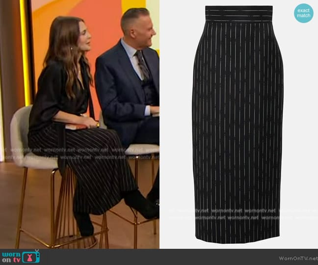 Alexander McQueen Pinstripe Wool Pencil Skirt worn by Drew Barrymore on The Drew Barrymore Show