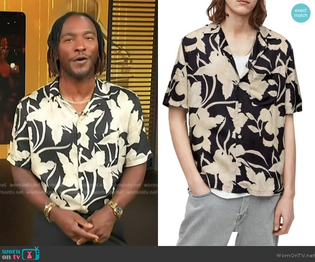 All Saints Giardino Short Sleeve Button-Up Camp Shirt worn by Scott Evans on Access Hollywood