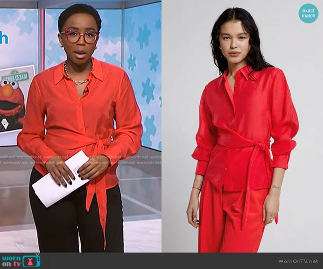 & Other Stories Slim-Fit Wrap Tie Shirt in Bright Red worn by Zinhle Essamuah on NBC News Daily